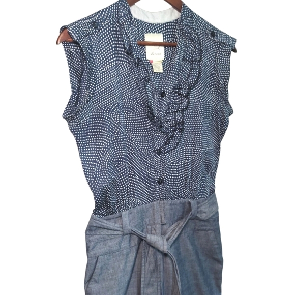 Elevenses Anthropologie Womens Cotton Polka Dot Navy and White Chambray Jumpsuit